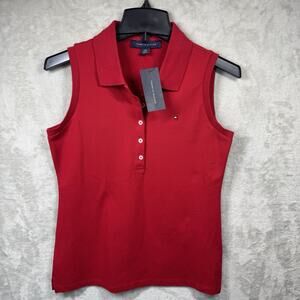 Tommy Hilfiger NEW Women Top XS Red Sleeveless Polo Stretch Pullover Collar Logo